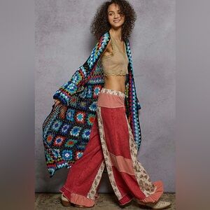 POL Multicolor Crochet Granny Square Long Cardigan